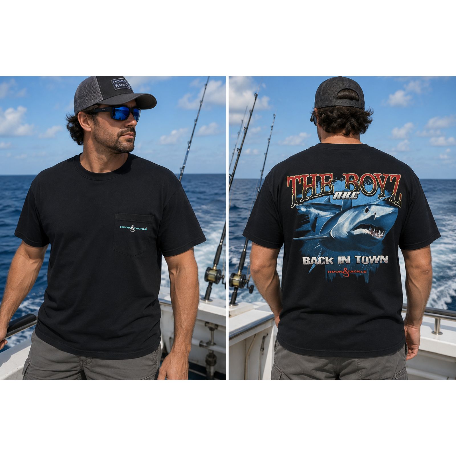 Hook & Tackle Xl The Boyz Are Back In Town Shark Graphics Beach T Shirt Black #V